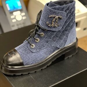 CHANEL Navy Quilted Lace-Up Boots